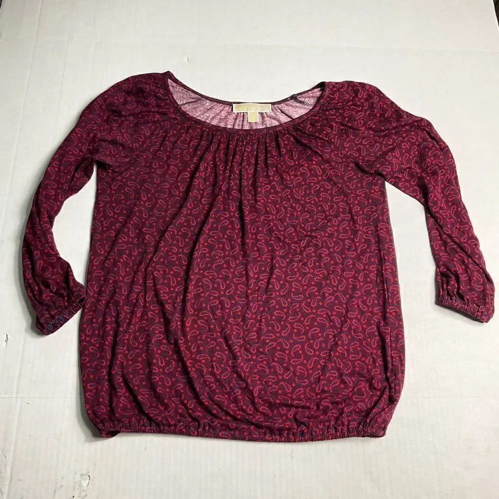 Michael Kors Peasant Top Paisley 3/4 Sleeve Blouse Casual Stretch Shirt Size XS